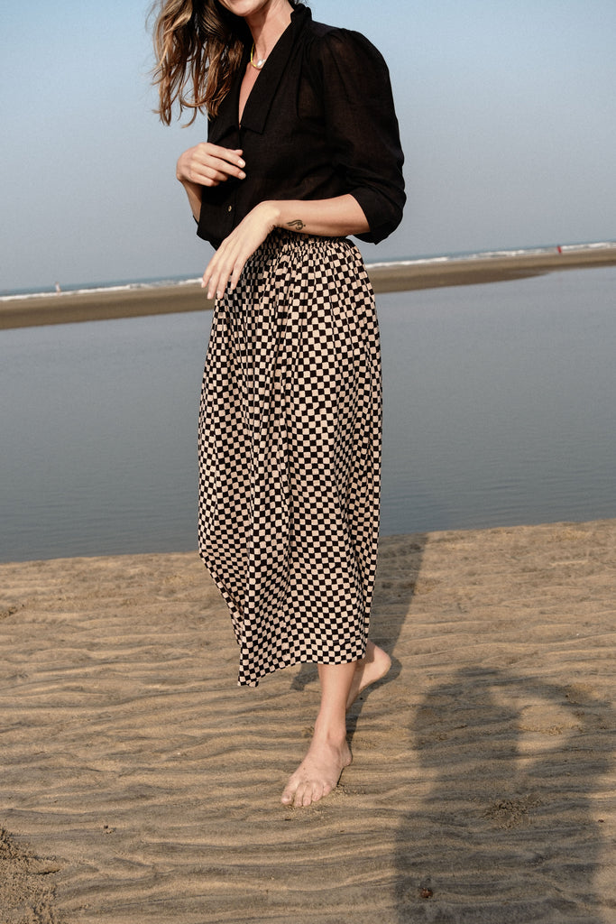 Checkered block printed, black and white skirt, ankle length,  this skirt is made in collaboration between Erica Kim and World of Crow, smocked elasticated waist, sustainably made