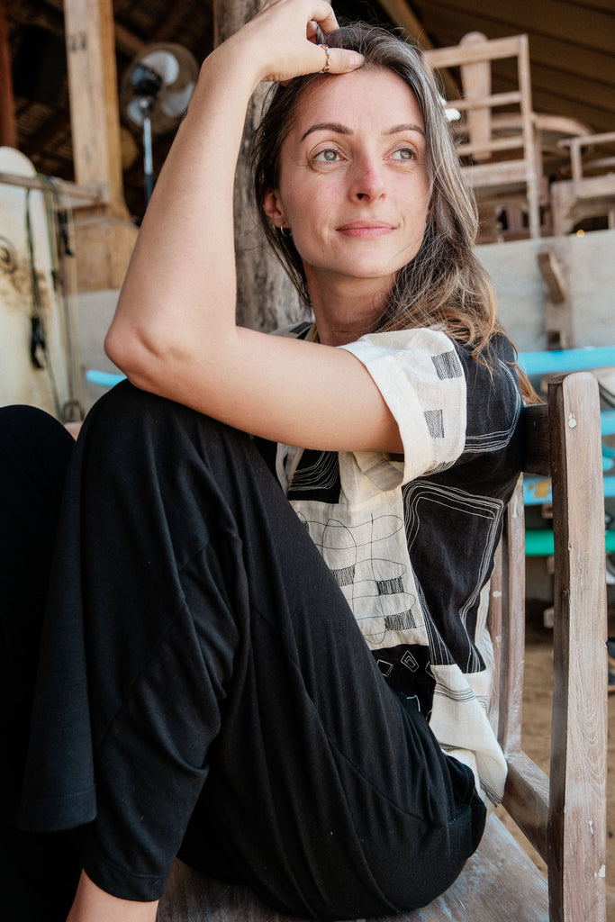 Shirt made with patchwork plus applique work, skirt in collaboration between Erica Kim @ahistoryofarchitecture and World of Crow, Summer black & white shirt