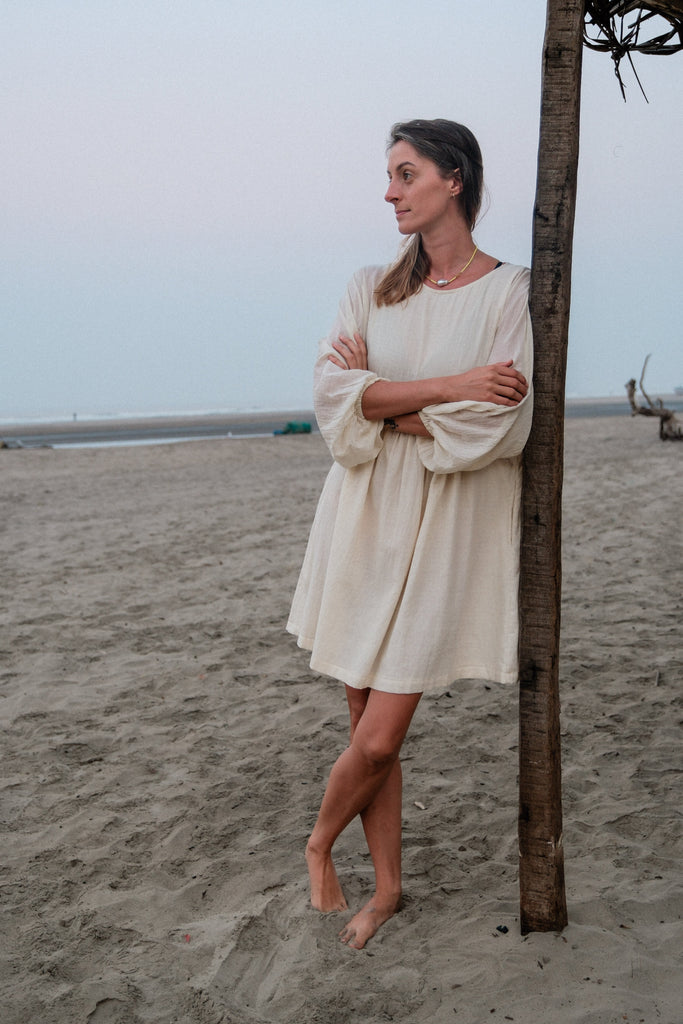 Romantic dress, day at a beach waering world of crow, Erica Kim in collaboration with World of Crow, White color dress, sustainable clothing