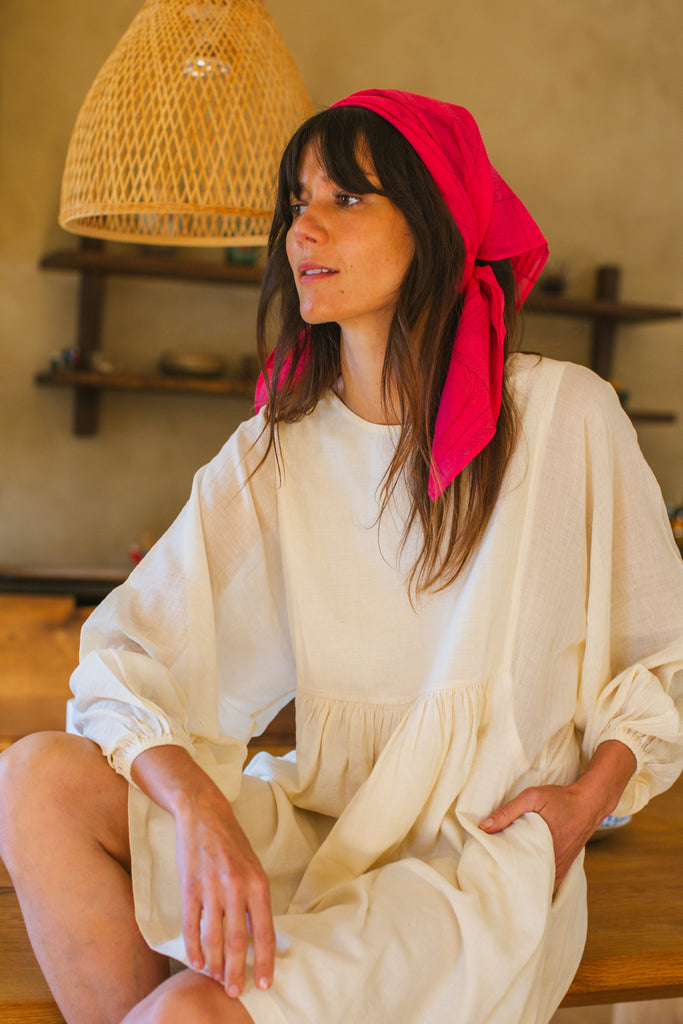 Romantic dress, day at a beach waering world of crow, Erica Kim in collaboration with World of Crow, White color dress, sustainable clothing