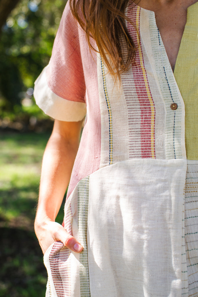 This dress is made in collaboration between Erica Kim @ahistoryofarchitecture and World of Crow, This dress has woven patches of different desert colors, it is made with handwoven fabric