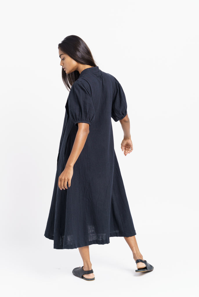 A classic ink black midi dress, best eco friendly fashion brands, best ethical clothing companies, thought organic clothing, wholesale organic clothing made in India, affordable organic cotton clothing, all natural clothing, quality women's clothing, quality women's clothing stores, women's minimalist wardrobe, closet essentials minimalist