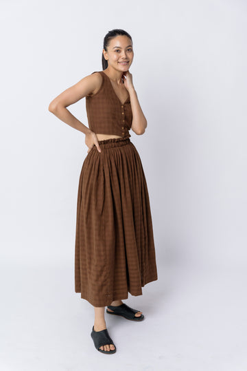 Antique brown pull-on skirt ,sustainably sourced clothing brands, best eco clothing brands, womens organic clothing, 100 organic cotton pants, ladies cotton clothing, shop cotton clothing, 100 cotton women's, women's organic clothing, minimalist clothing style, minimalist outfits women