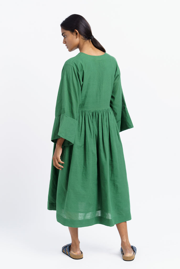 Basil green gathered midi dress, ethical and sustainable clothing, ethical clothing brands, organic cotton retailers, organic cotton shop, cotton clothing company, natural cotton clothing, India women's clothing, India women's clothing stores, create a minimalist closet, dark minimalist fashion