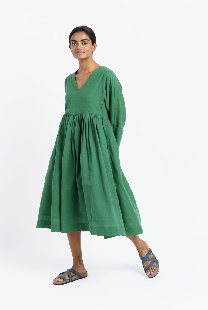 Basil green gathered midi dress, ethical and sustainable clothing, ethical clothing brands, organic cotton retailers, organic cotton shop, cotton clothing company, natural cotton clothing, India women's clothing, India women's clothing stores, create a minimalist closet, dark minimalist fashion