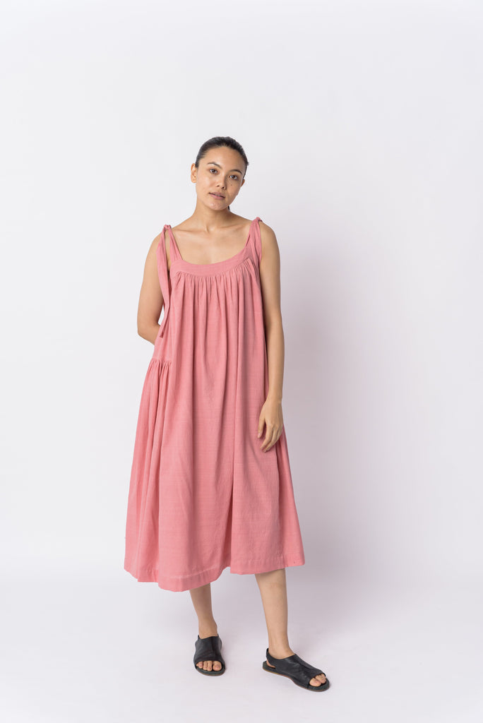 Candy pink tie-up dress, best ethical clothing brands India, best sustainable clothing brands, organic cotton wear, organic dresses online, cotton only clothing, cotton only clothing store, women's organic dresses, lightweight cotton women's clothing, clothing brands for minimalists, design minimalist wardrobe