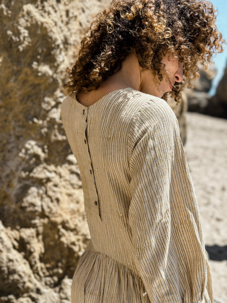 Hand Block Printed Gathered Midi Dress, ethically sourced clothing, good quality ethical clothing, best organic clothing, organic clothes shop, 100 pure cotton clothing, all cotton clothing line, organic pants women, organic women's pants, minimalist clothing brands, minimalist clothing companies