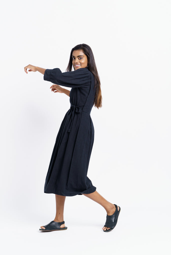 Iconic wrap-around midi dress, top ethical brands, top sustainable clothing companies, organic dress, organic fabrics for clothing, cotton top clothing, cotton up clothing, fair trade womens clothing, good clothing brands for women, professional minimalist wardrobe, simple clothing brands