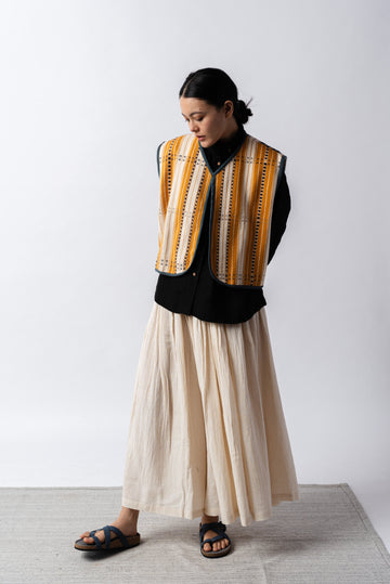 Open front mustard striped short gilet, environmentally sustainable clothing brands, ethical clothing sites, organic cotton shirts India, organic dresses India, natural clothing line, natural fabric clothing, all cotton women's clothing, women's cotton clothing online, perfect minimalist wardrobe, structured clothing brands