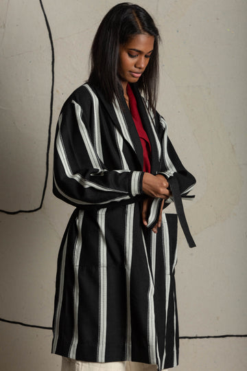 Striped tie-up jacket, earth friendly clothing, eco clothes online, womens organic clothing, 100 organic cotton pants, clothes on women, clothes price in India, casual living women's clothing catalog, clothing accessories for women, children's wardrobe essentials, children's single wardrobe