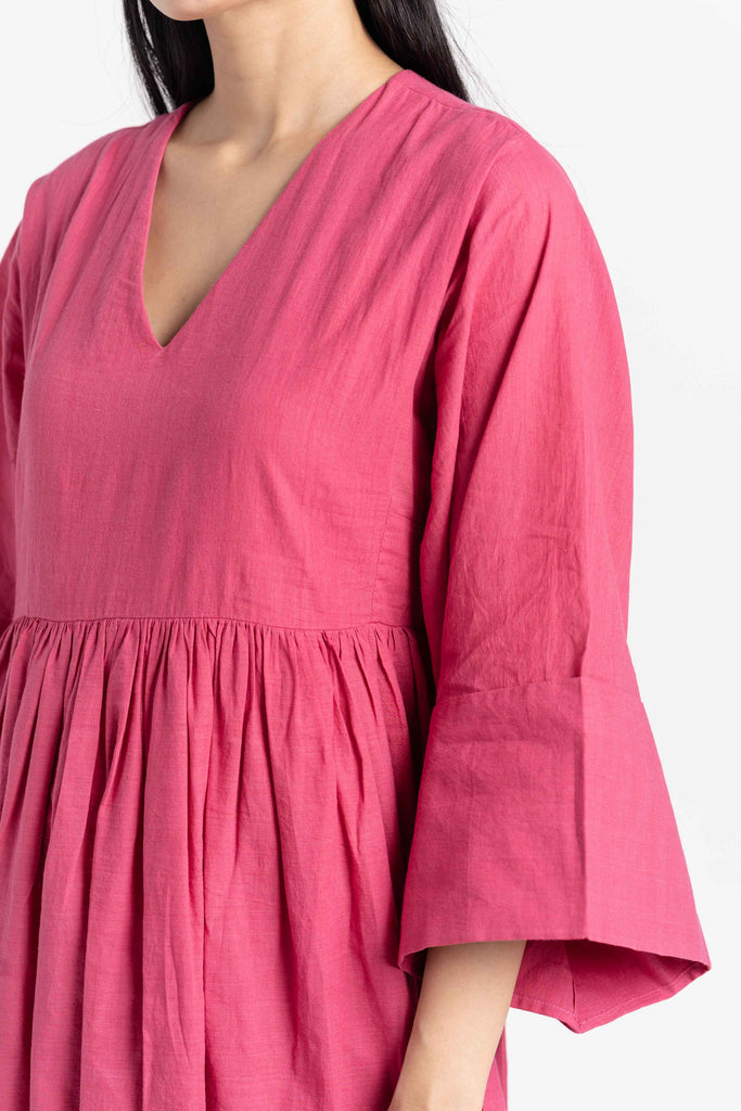 Sorbet pink gathered midi dress, clothing companies that are sustainable, ethical sustainable clothing brands, cotton cotton clothing, all cotton clothes, all cotton women's clothing, women's cotton clothing online, organic cotton women's clothing, 100 organic cotton clothing, the minimal clothing, minimal clothes shop