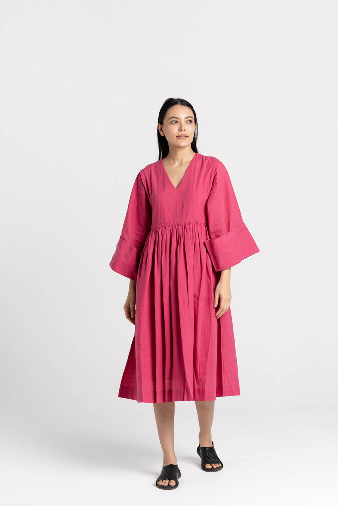 Sorbet pink gathered midi dress, clothing companies that are sustainable, ethical sustainable clothing brands, cotton cotton clothing, all cotton clothes, all cotton women's clothing, women's cotton clothing online, organic cotton women's clothing, 100 organic cotton clothing, the minimal clothing, minimal clothes shop