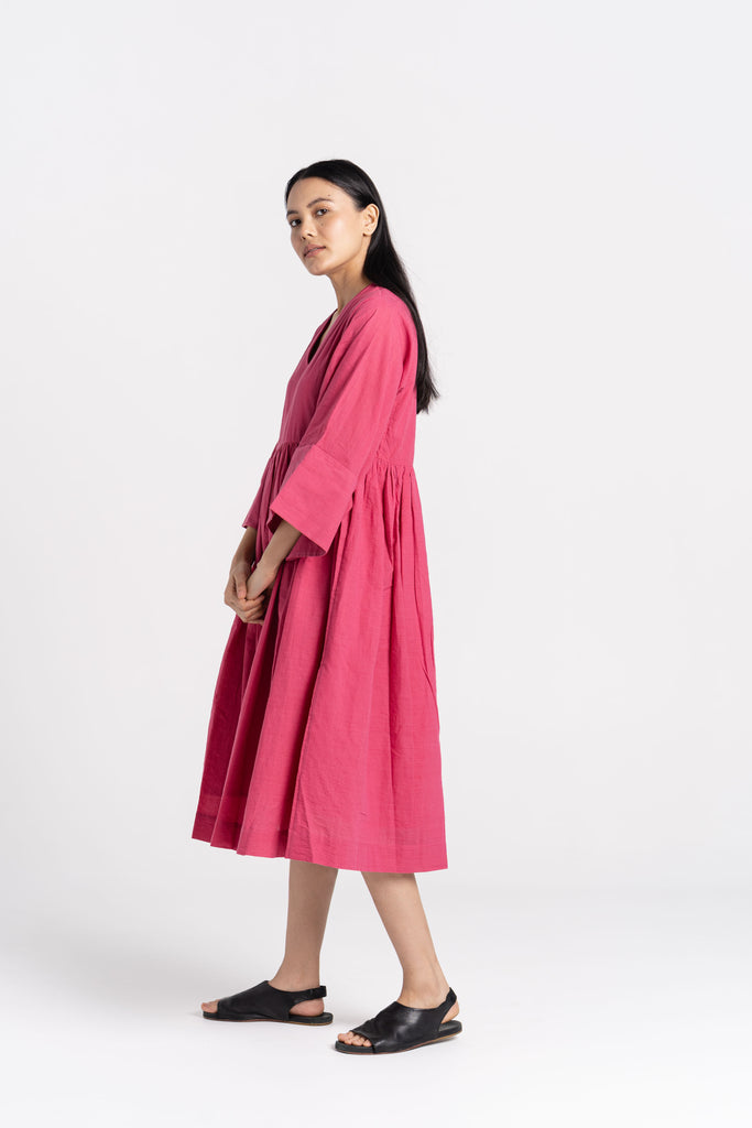 Sorbet pink gathered midi dress, clothing companies that are sustainable, ethical sustainable clothing brands, cotton cotton clothing, all cotton clothes, all cotton women's clothing, women's cotton clothing online, organic cotton women's clothing, 100 organic cotton clothing, the minimal clothing, minimal clothes shop