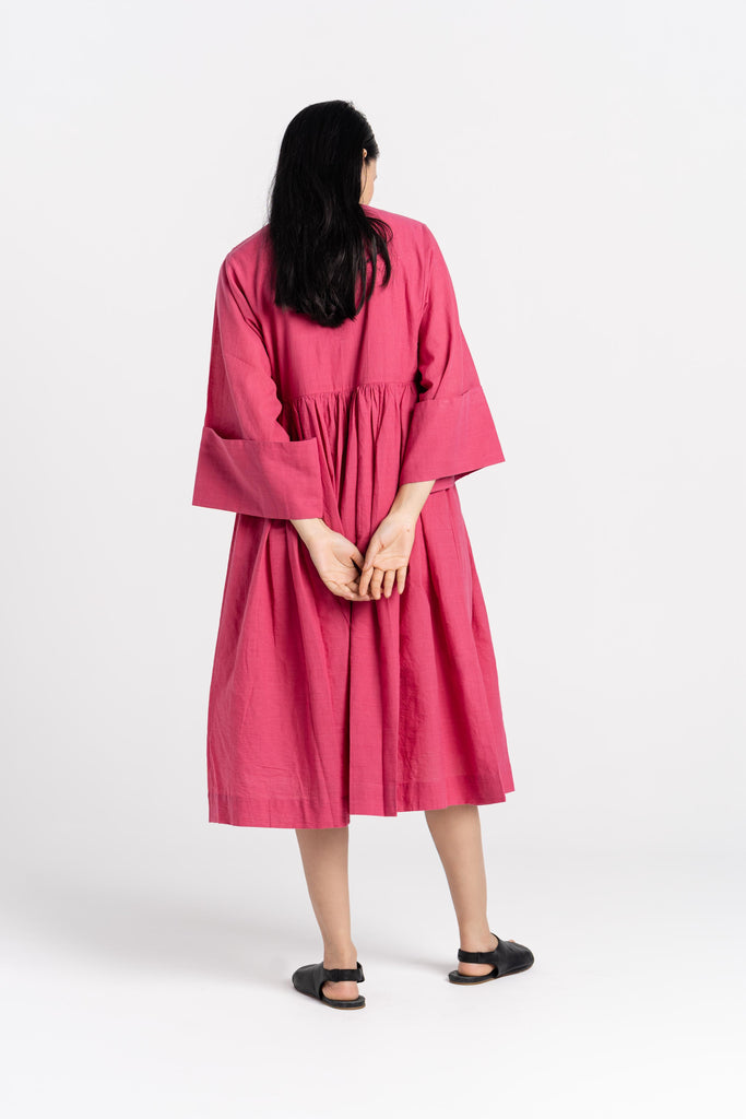 Sorbet pink gathered midi dress, clothing companies that are sustainable, ethical sustainable clothing brands, cotton cotton clothing, all cotton clothes, all cotton women's clothing, women's cotton clothing online, organic cotton women's clothing, 100 organic cotton clothing, the minimal clothing, minimal clothes shop