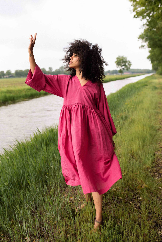 Sorbet pink gathered midi dress, clothing companies that are sustainable, ethical sustainable clothing brands, cotton cotton clothing, all cotton clothes, all cotton women's clothing, women's cotton clothing online, organic cotton women's clothing, 100 organic cotton clothing, the minimal clothing, minimal clothes shop
