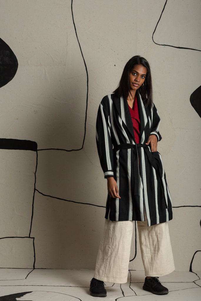 Striped tie-up jacket, earth friendly clothing, eco clothes online, womens organic clothing, 100 organic cotton pants, clothes on women, clothes price in India, casual living women's clothing catalog, clothing accessories for women, children's wardrobe essentials, children's single wardrobe
