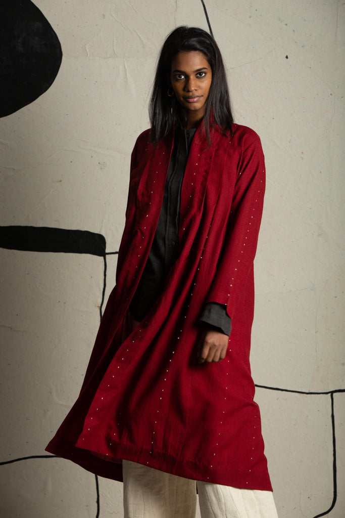 Turkey red pleated long jacket, clothing companies going green, clothing companies that help the environment, best organic cotton clothing, clothes made from organic cotton, classic clothing brands, closet wholesale clothing, best clothing brands for young women, best quality women's clothing, chic connection clothing, chic simple clothes
