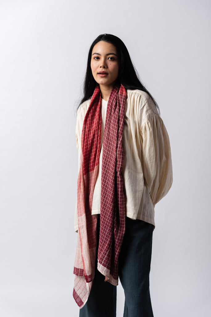Wine checkered handspun stole, best fair trade clothing, ethical brands, organic cotton clothes India, organic cotton clothing India, affordable organic cotton clothing, all natural clothing, high quality women's dresses, loose fitting women's clothing, what does a minimalist wardrobe look like, women's minimalist wardrobe