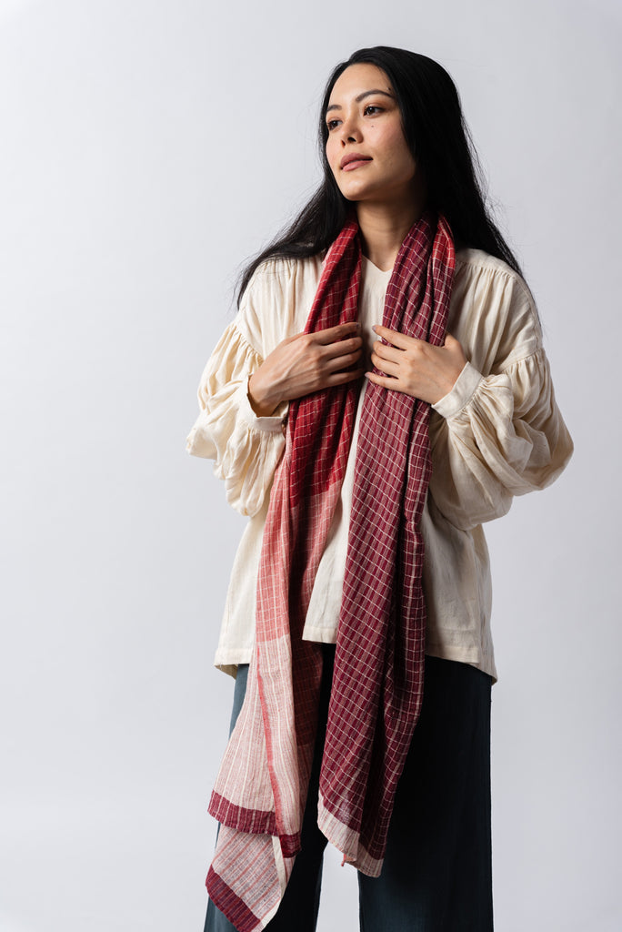 Wine checkered handspun stole, best fair trade clothing, ethical brands, organic cotton clothes India, organic cotton clothing India, affordable organic cotton clothing, all natural clothing, high quality women's dresses, loose fitting women's clothing, what does a minimalist wardrobe look like, women's minimalist wardrobe