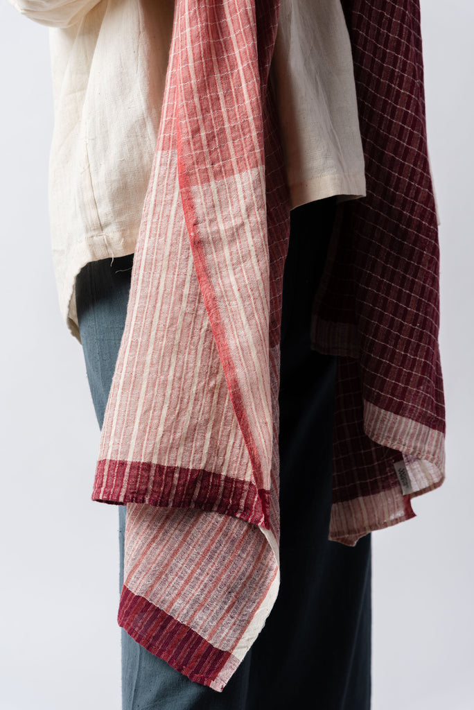 Wine checkered handspun stole, best fair trade clothing, ethical brands, organic cotton clothes India, organic cotton clothing India, affordable organic cotton clothing, all natural clothing, high quality women's dresses, loose fitting women's clothing, what does a minimalist wardrobe look like, women's minimalist wardrobe