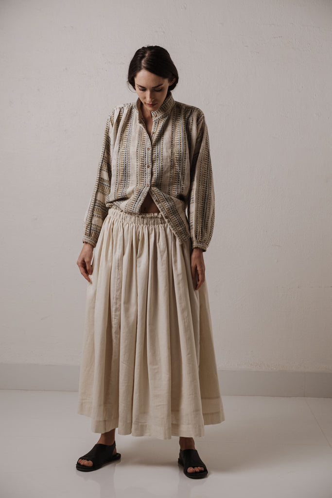 Off-white organic pleated skirt, sustainable fashion designers uk, sustainable fashion India, organic cotton clothing India, organic cotton jacket, most ethical clothing companies, most ethical clothing stores, casual living women's clothing catalog, clothing accessories for women, minimum clothing stockiest, minimum In