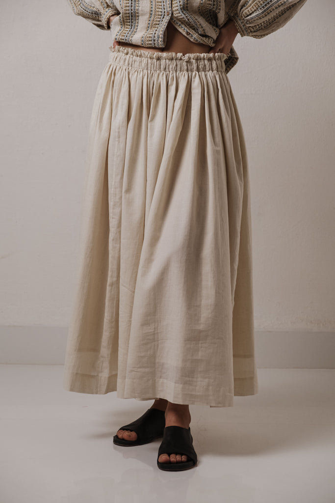 Off-white organic pleated skirt, sustainable fashion designers uk, sustainable fashion India, organic cotton clothing India, organic cotton jacket, most ethical clothing companies, most ethical clothing stores, casual living women's clothing catalog, clothing accessories for women, minimum clothing stockiest, minimum In