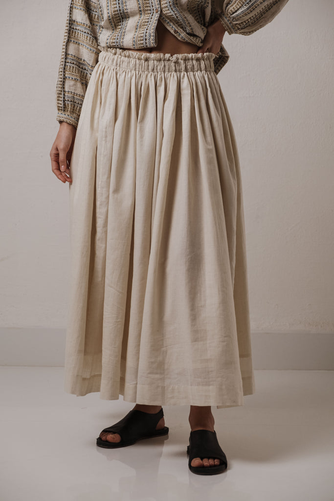 Off-white organic pleated skirt, sustainable fashion designers uk, sustainable fashion India, organic cotton clothing India, organic cotton jacket, most ethical clothing companies, most ethical clothing stores, casual living women's clothing catalog, clothing accessories for women, minimum clothing stockiest, minimum In